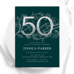 Elegant Emerald Green Silver 50. Geburtstag Einladung<br><div class="desc">Elegante smaragdgrün silber 50. Geburtstagsfeier Einladung. Individuell anpassbares modernes feminines Design mit Rose botanischen Akzenten und Imitaten Glitzer Silber. Einfache florale Einladungskarte perfekt für eine stilvolle Damenfeier. Personalisieren Sie Ihre persönlichen Daten. Gedruckte Zazzle Einladungen oder Sofortdownload digitalen druckbaren Vorlage.</div>