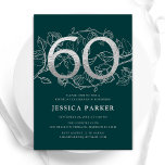 Elegant Emerald Green Silver 60. Geburtstag Einladung<br><div class="desc">Elegante smaragdgrün silber 60. Geburtstagsfeier Einladung. Individuell anpassbares modernes feminines Design mit Rose botanischen Akzenten und Imitaten Glitzer Silber. Einfache florale Einladungskarte perfekt für eine stilvolle Damenfeier. Personalisieren Sie Ihre persönlichen Daten. Gedruckte Zazzle Einladungen oder Sofortdownload digitalen druckbaren Vorlage.</div>