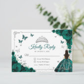 Elegant Emerald Green Silver Quinceanera Reply RSVP Karte (Stehend Vorderseite)