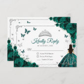 Elegant Emerald Green Silver Quinceanera Reply RSVP Karte (Vorne/Hinten)
