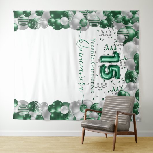 Elegant Emerald Green Sparkle Quinceañera Balloon Wandteppich (Beispiel (Horizontal))