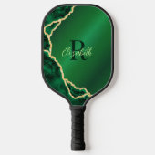 Elegant Emerald Green und Black Agate Mit Monogram Pickleball Schläger (Vorderseite)