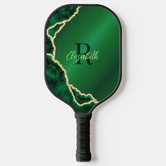 Elegant Emerald Green und Black Agate Mit Monogram Pickleball Schläger (Vorderseite)
