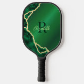 Elegant Emerald Green und Black Agate Mit Monogram Pickleball Schläger (Rückseite)
