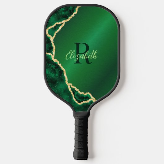 Elegant Emerald Green und Black Agate Mit Monogram Pickleball Schläger (Rückseite)
