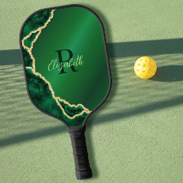 Elegant Emerald Green und Black Agate Mit Monogram Pickleball Schläger