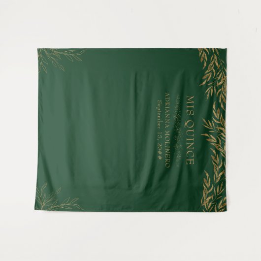 Elegant Emerald Green und Gold Leaf Mis Quince Wandteppich (Vorderseite (Horizontal))