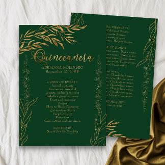 Elegant Emerald Green und Gold Leaf Quinceanera Programm