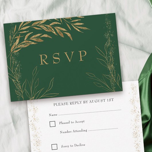 Elegant Emerald Green und Gold Leaf RSVP Karte