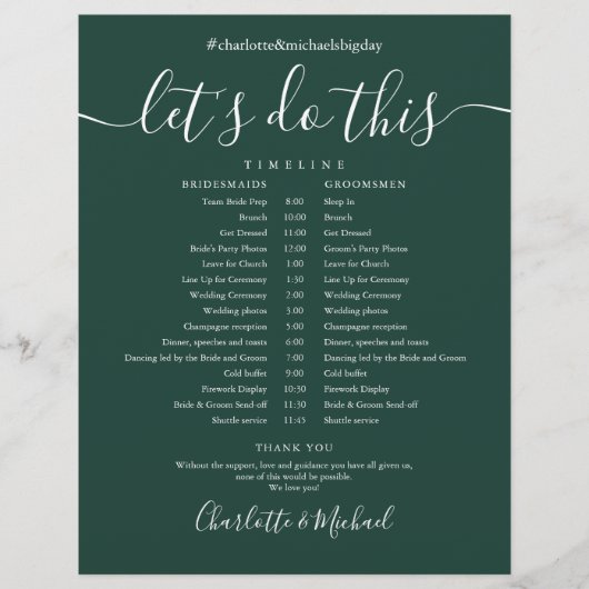 Elegant Emerald Green Wedding Zeitplan Zeitleiste (Vorderseite)