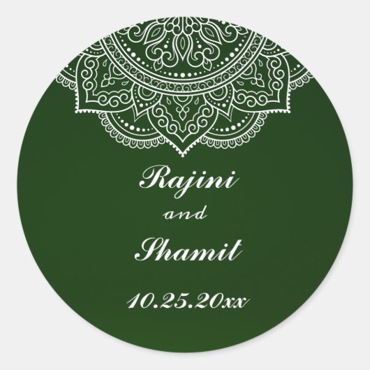 Elegant Emerald Green White Indian Paisley Wedding Runder Aufkleber (Vorderseite)