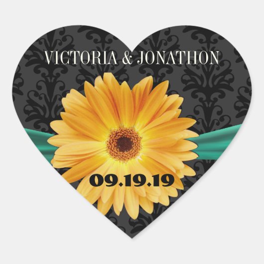 Elegant Emerald Green Yellow Gerber Daisy Wedding Herz-Aufkleber (Vorderseite)
