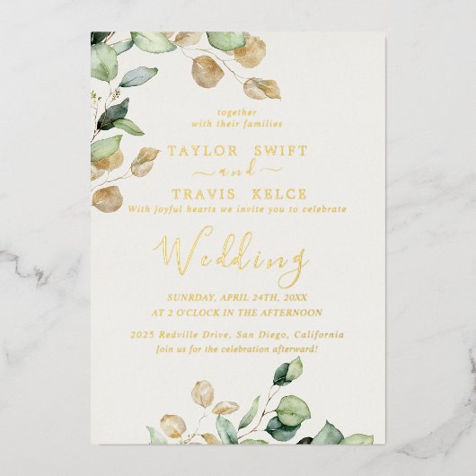 Elegant Emerald Greenery | Goldfoil-Hochzeit Folieneinladung (Vorderseite)