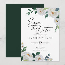 Elegant Emerald Ivory White Floral Save the Date Einladung