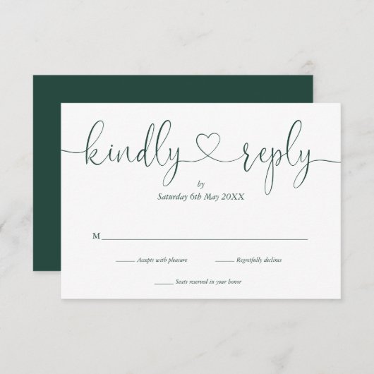 Elegant Emerald White Script Herzlich Willkommen A RSVP Karte (Vorne/Hinten)