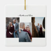 Elegant Engaged Married Script 3 Photo Collage Red Keramikornament (Rückseite)