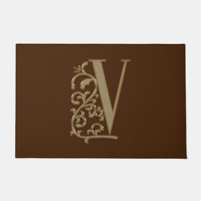 Elegant Entry Monogram V Initial on Brown Fußmatte (Vorderseite)