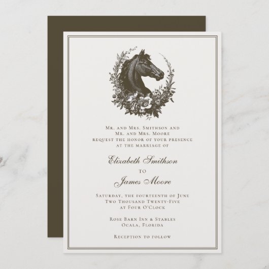 Elegant Equestrian Horse Wreath Equine Wedding Einladung (Vorne/Hinten)