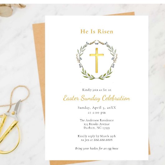 Elegant Er ist Risen Gold Cross Christlich Ostern Einladung