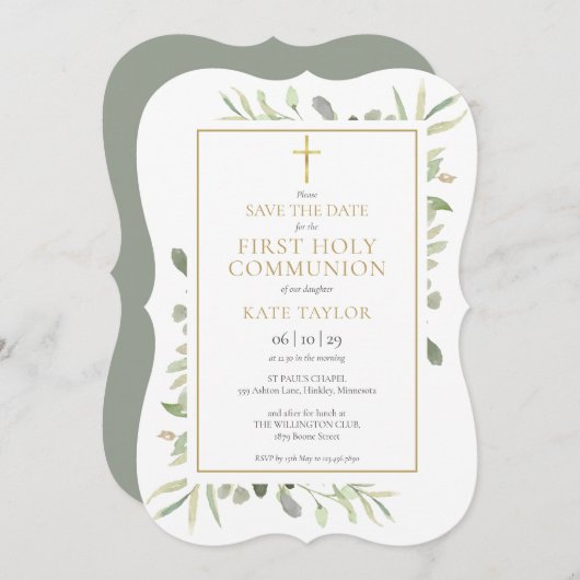 Elegant Erste Kommunion Wasserfarbenwelt Save The Date (Vorne/Hinten)