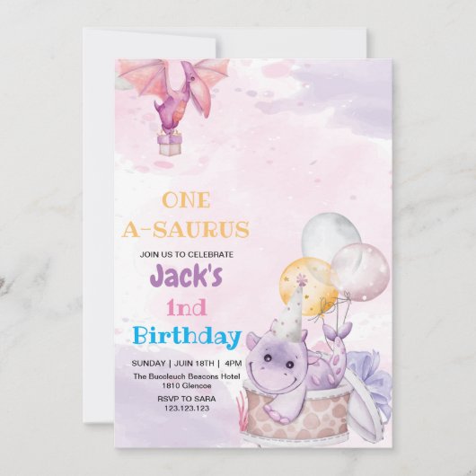 Elegant Erster Geburtstag Lila Dinosaurier Einladung (Vorderseite)