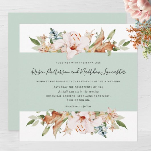Elegant erthy Blooms sage Green Square Wedding in Einladung