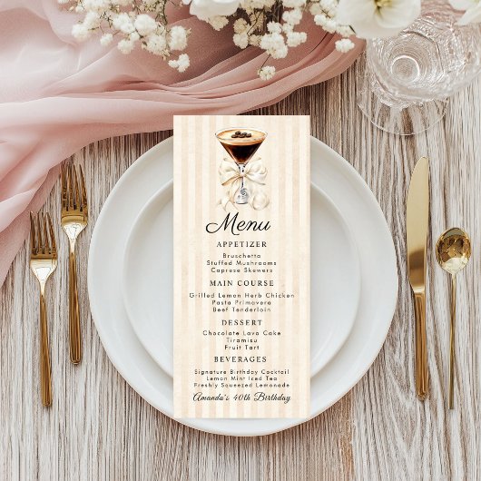 Elegant Espresso Martini Birthday Dinner Flat Menu Menükarte