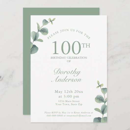 Elegant Eucalyptus 100. Geburtstagsparty Einladung (Vorne/Hinten)