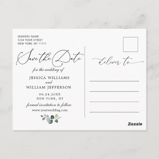 Elegant Eucalyptus 3 FOTO Hochzeit Speichern Sie d Postkarte (Rückseite)