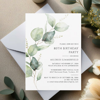 Elegant Eucalyptus 80. Geburtstagsparty Einladung