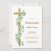Elegant Eucalyptus and Cross First Communion Einladung (Vorderseite)
