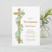 Elegant Eucalyptus and Cross First Communion Einladung (Stehend Vorderseite)
