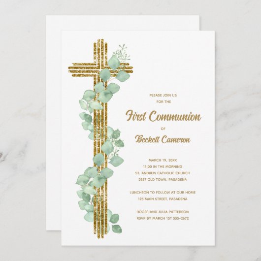 Elegant Eucalyptus and Cross First Communion Einladung (Vorne/Hinten)