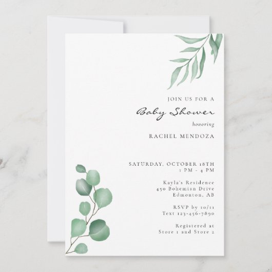 Elegant Eucalyptus Baby Duwer Greeneral Neutral Einladung (Vorderseite)