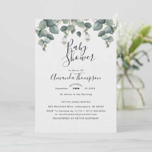 Elegant Eucalyptus Baby Shower Einladung (Stehend Vorderseite)