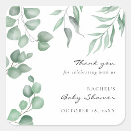 Elegant Eucalyptus Baby Shower Green Foliage Quadratischer Aufkleber