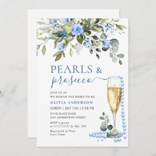 Elegant Eucalyptus Blue Flowers PEARLS & Prosecco Einladung