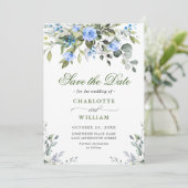 Elegant Eucalyptus Blue Rose Blumenhochzeit Save The Date (Stehend Vorderseite)