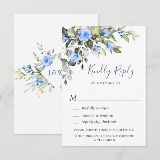 Elegant Eucalyptus Blue Rose Hochzeit RSVP Karte (Vorne/Hinten)