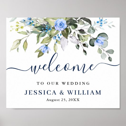 Elegant Eucalyptus Blue Rose Hochzeit Willkommen Poster (Vorne)