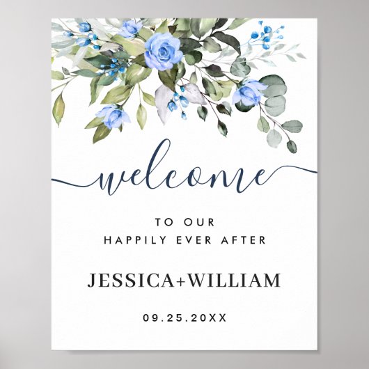 Elegant Eucalyptus Blue Rose Hochzeit Willkommen Poster (Vorne)