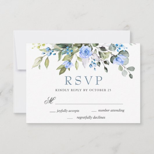 Elegant Eucalyptus Blue Rose Wedding RSVP Karte (Vorderseite)