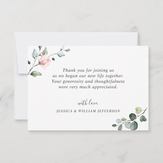 Elegant Eucalyptus Blush Pink Roses Floral Dankeskarte (Rückseite)