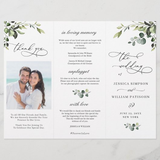 Elegant Eucalyptus Boho Hochzeitsfeierprogramm (Vorderseite)