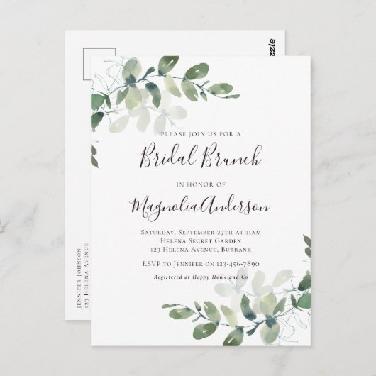 Elegant Eucalyptus Bridal Brunch Einladung Postca Postkarte (Vorne/Hinten)