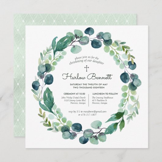 Elegant Eucalyptus Christening Einladung (Vorne/Hinten)