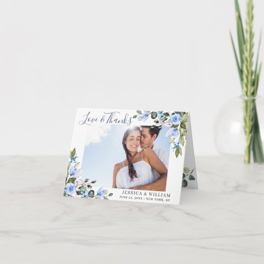 Elegant Eucalyptus Dusty Blue Rose Einfaches FOTO Dankeskarte (Vorderseite)