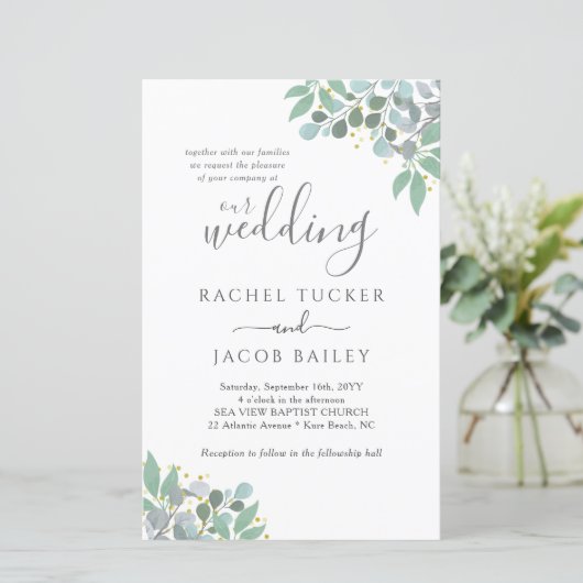 Elegant Eucalyptus Dusty Blue Wedding Einladung (Stehend Vorderseite)