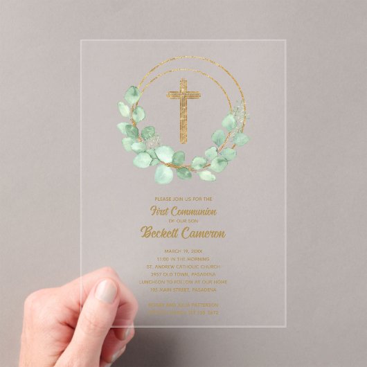 Elegant Eucalyptus First Communion Acryleinladungen (Insitu (Handheld))