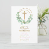 Elegant Eucalyptus First Communion Blue Einladung (Stehend Vorderseite)